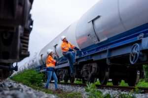 Two engineers climbing onto a gas freight train who are unaware of whether they can be compensated for chemical exposure under FELA.
