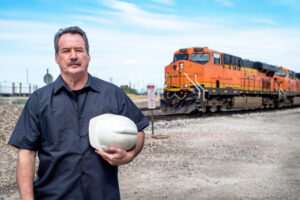 A railroad worker stands in front of a train with his helmet off, wondering, “What compensation can I recover for a railroad body vibration injury?”