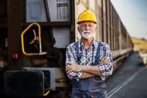 A railroad worker stands near a locomotive with his arms crossed, wondering, “What is the difference between FELA and FRSA?”